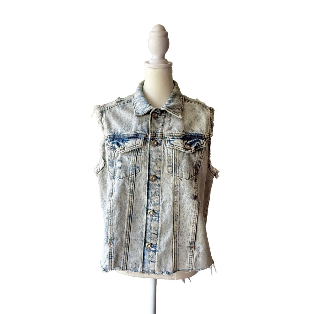 Free People Denim Vest Sleeveless Distressed Light Wash‎ Frayed Hem Women's XS